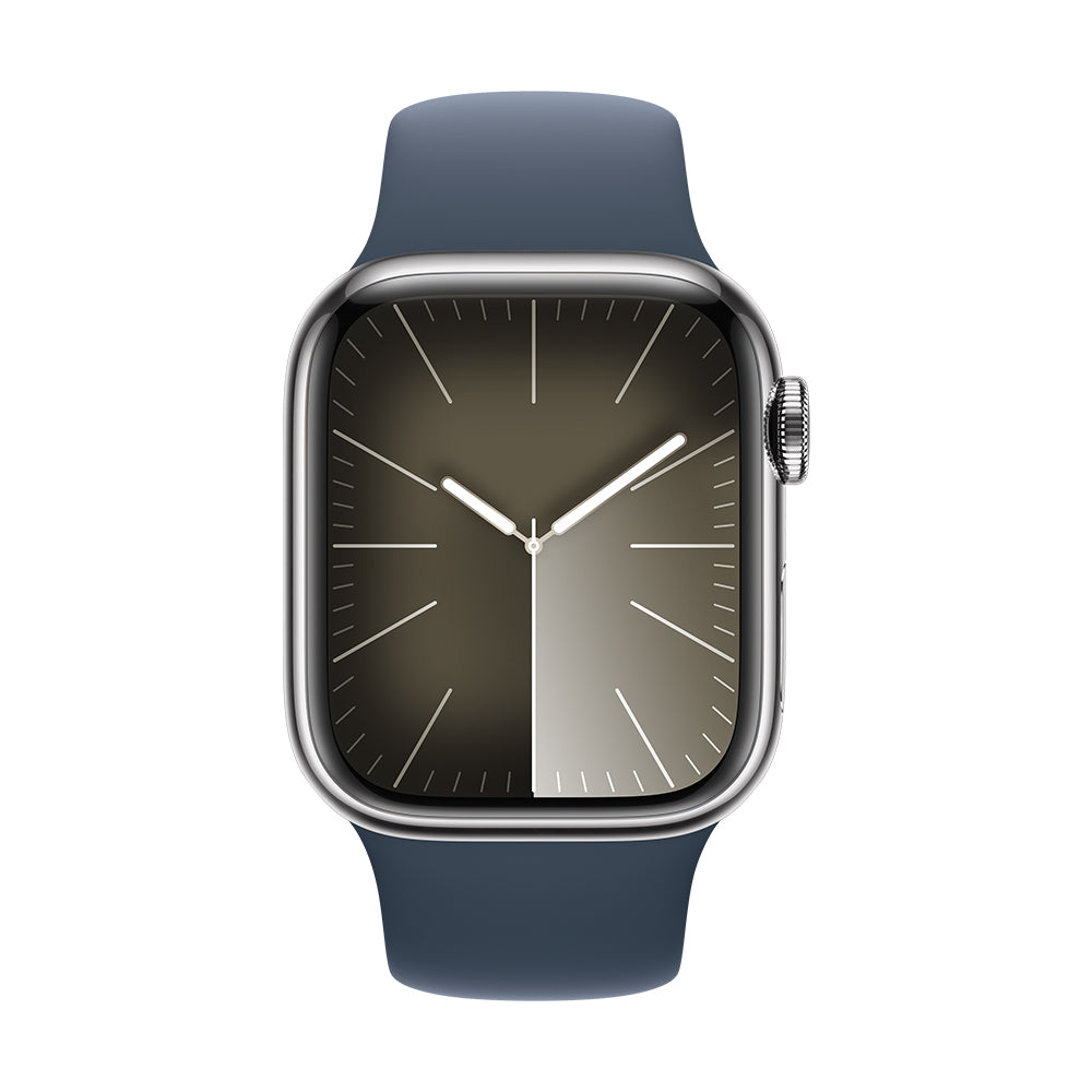 Apple Watch Series 9 (GPS+ Cellular) - 45 mm hopea ruostumaton teräskuori ja myrskynsininen urheiluranneke, M/L