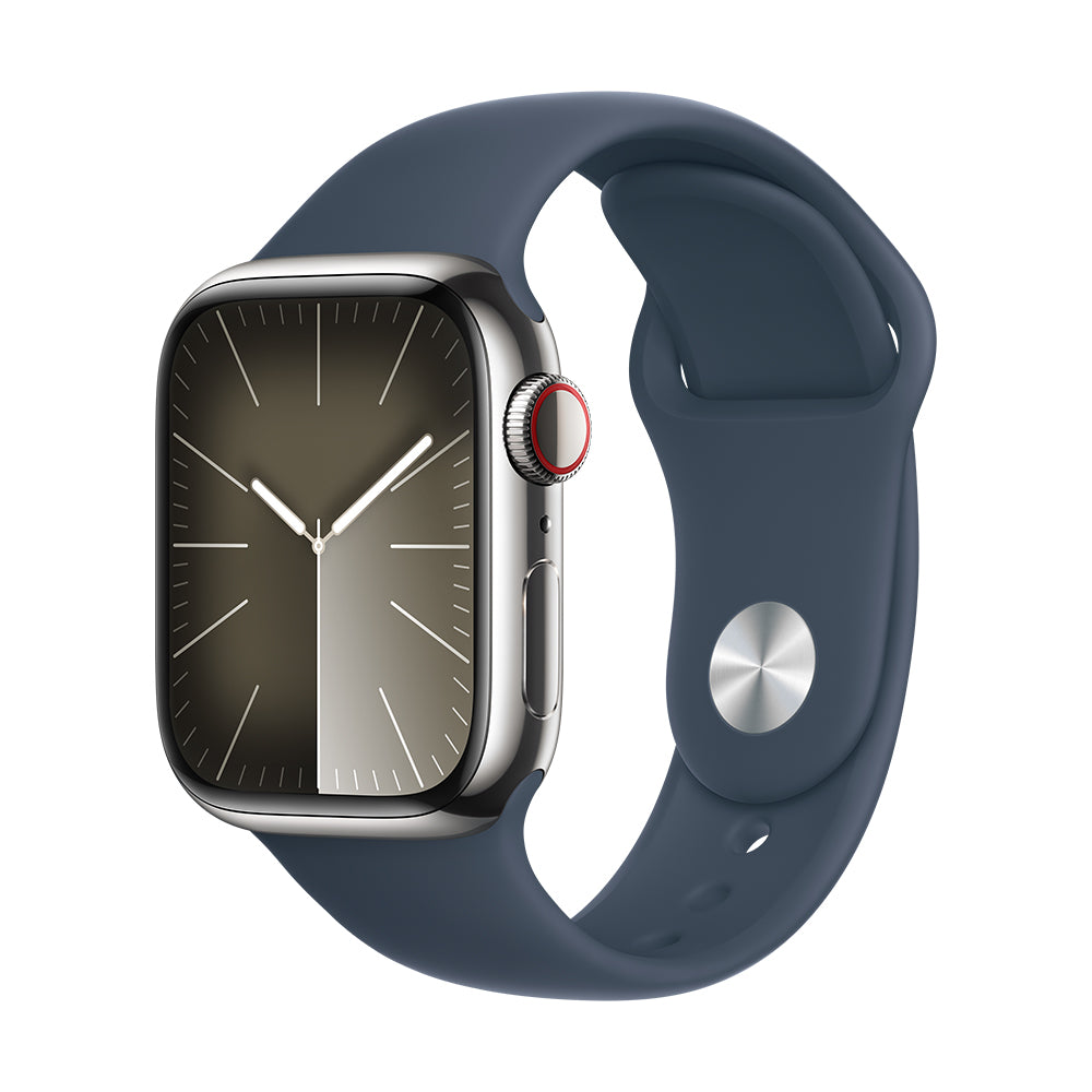 Apple Watch Series 9 (GPS+ Cellular) - 41 mm hopea ruostumaton teräskuori ja myrskynsininen urheiluranneke, S/M