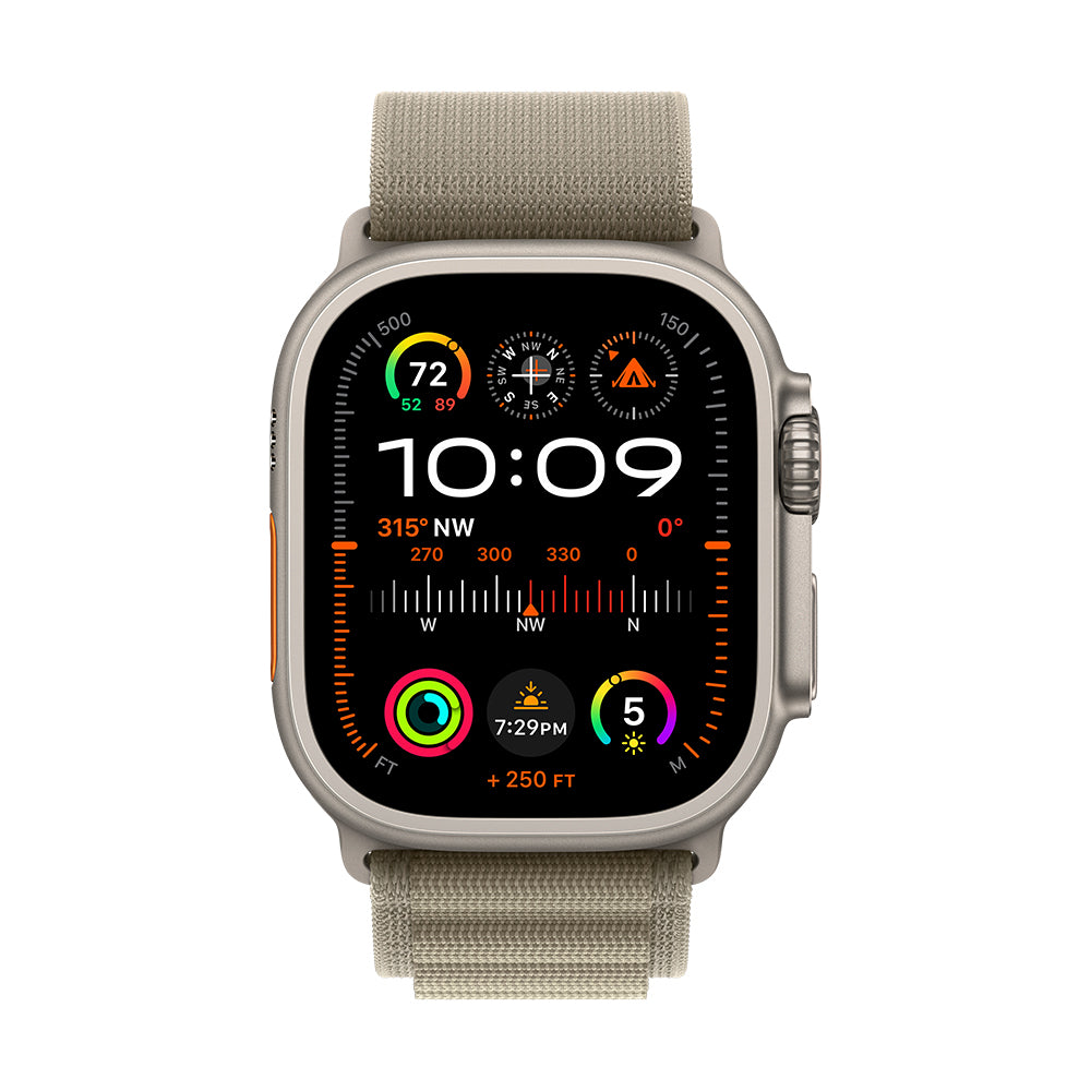 Apple Watch Ultra 2 (GPS+Cellular) - 49 mm titaanikuori ja oliivinvihreä Alpine-ranneke - pieni