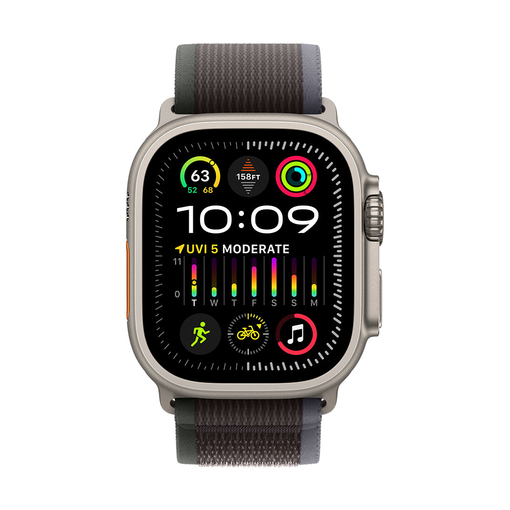 Apple Watch Ultra 2 (GPS+Cellular) - 49 mm titaanikuori ja sininen/musta Trail-ranneke, S/M