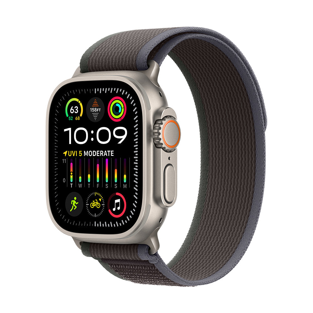 Apple Watch Ultra 2 (GPS+Cellular) - 49 mm titaanikuori ja sininen/musta Trail-ranneke, M/L