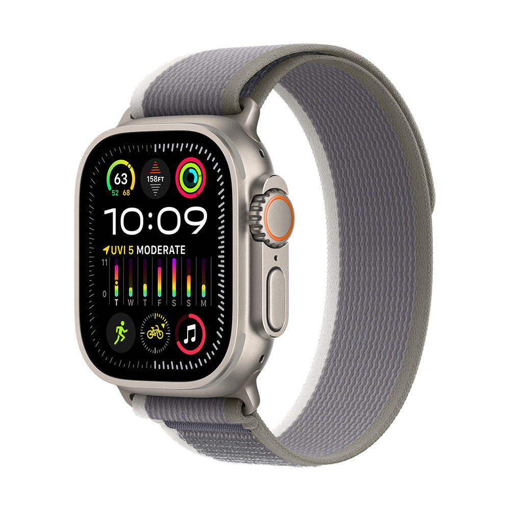 Apple Watch Ultra 2 (GPS+Cellular) - 49 mm titaanikuori ja vihreä/harmaa Trail-ranneke, S/M