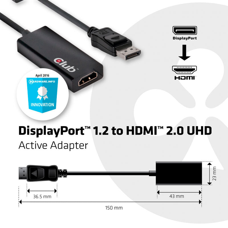 Club 3D DisplayPort 1.2-HDMI 2.0 UHD -sovitin, aktiivinen